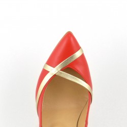 Czerwone czółenka na szpilce, połączone z ozdobnymi złotymi detalami - MODEL 1327